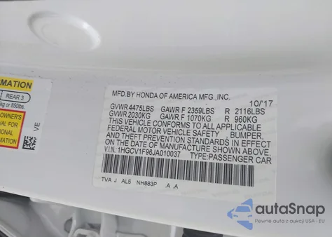 2018 Honda Accord Touring z USA, uszkodzony, nr VIN 1HGCV1F96JA010037